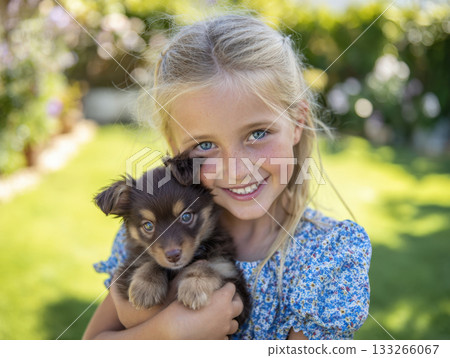 happy girl embracing her tiny puppy. The pure joy and affectionate bond between the child and her new best friend are captured in bright, natural light for pet, family, and summer concepts. 133266067