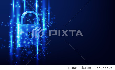 cyber security and hacking prevention. digital padlock with futuristic glowing light on blue background with copy space cyber security and hacking prevention. digital padlock with futuristic glowing light on blue background with copy space 133266396
