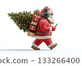 Trendy Santa in red suit walks with smartphone, headset, and backpack of gift and pine tree on white. Modern holiday concept for marketing, ecommerce, banner, social, app, winter sale, delivery brand. 133266400
