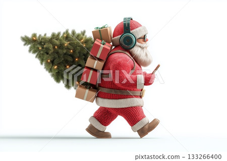 Trendy Santa in red suit walks with smartphone, headset, and backpack of gift and pine tree on white. Modern holiday concept for marketing, ecommerce, banner, social, app, winter sale, delivery brand. 133266400