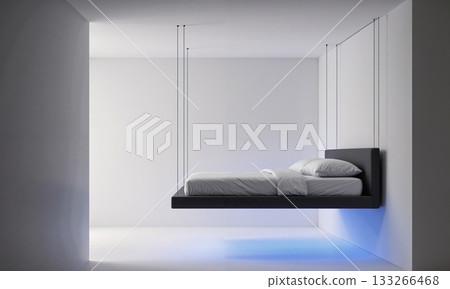 Floating Bed Illusion - A minimalist bedroom where the bed platform is suspended from the ceiling by nearly invisible, high-tensile 133266468