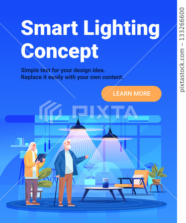 Smart lighting concept elderly people using technology modern living room interior plants lamps digital assistant blue background website banner 133266600