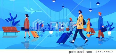 Airport passengers travel modern terminal people walking rolling luggage airplane window blue background waiting area plants lights Airport passengers travel modern terminal people walking rolling luggage airplane window blue background waiting area plants lights 133266602