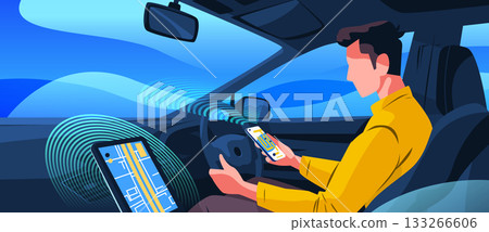 Autonomous car self driving technology man using smartphone digital dashboard navigation blue abstract background modern transportation concept 133266606