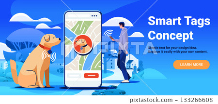 Smart tags pet tracking technology dog location mobile app user outdoors digital map blue background website banner 133266608