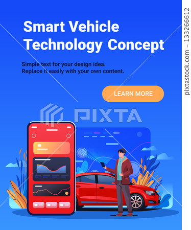 Smart vehicle technology concept mobile app interface man controls red car with smartphone digital dashboard blue background modern web banner 133266612