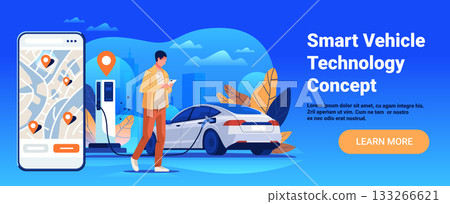Smart vehicle technology concept electric car charging man using smartphone cityscape map navigation mobile interface blue background landing page 133266621
