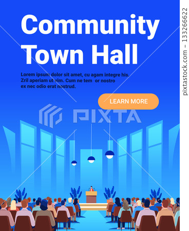 Community town hall meeting audience speaker large modern conference room blue background event podium chairs plants website banner 133266622