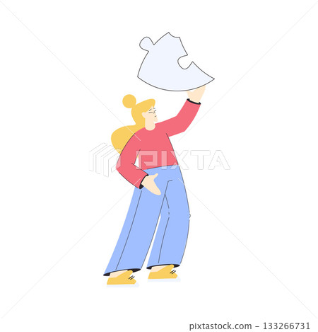 Woman Hold Big Jigsaw Puzzle Connecting Element Together Vector Illustration Woman Hold Big Jigsaw Puzzle Connecting Element Together Vector Illustration 133266731
