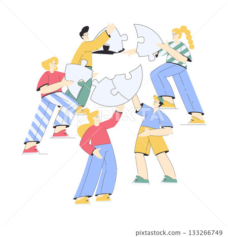 Jigsaw Puzzle with Man and Woman Connecting Element Together Vector Illustration Jigsaw Puzzle with Man and Woman Connecting Element Together Vector Illustration 133266749