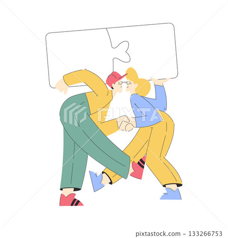 Man and Woman Hold Big Jigsaw Puzzle Connecting Element Together Vector Illustration 133266753