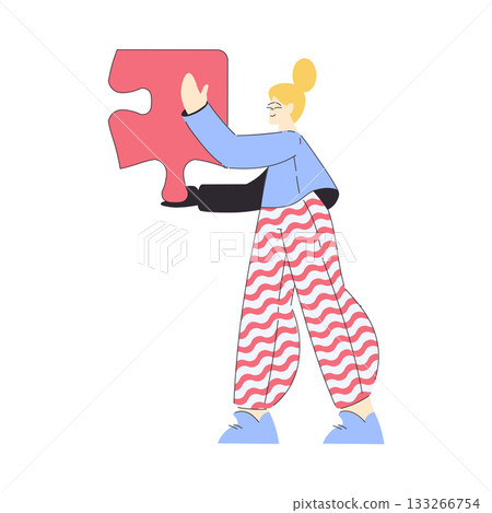 Woman Hold Big Jigsaw Puzzle Connecting Element Together Vector Illustration Woman Hold Big Jigsaw Puzzle Connecting Element Together Vector Illustration 133266754