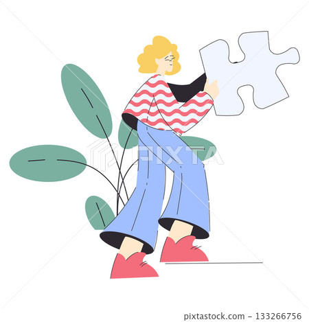Woman Hold Big Jigsaw Puzzle Connecting Element Together Vector Illustration Woman Hold Big Jigsaw Puzzle Connecting Element Together Vector Illustration 133266756