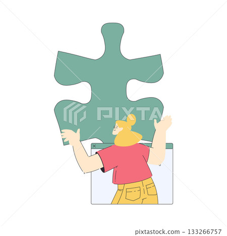 Woman Hold Big Jigsaw Puzzle Connecting Element Together Vector Illustration Woman Hold Big Jigsaw Puzzle Connecting Element Together Vector Illustration 133266757