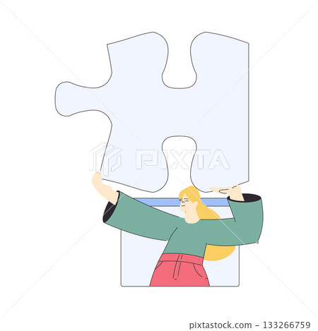 Woman Hold Big Jigsaw Puzzle Connecting Element Together Vector Illustration Woman Hold Big Jigsaw Puzzle Connecting Element Together Vector Illustration 133266759