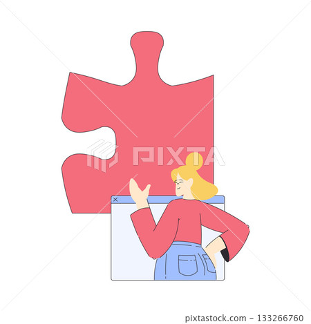 Woman Hold Big Jigsaw Puzzle Connecting Element Together Vector Illustration Woman Hold Big Jigsaw Puzzle Connecting Element Together Vector Illustration 133266760