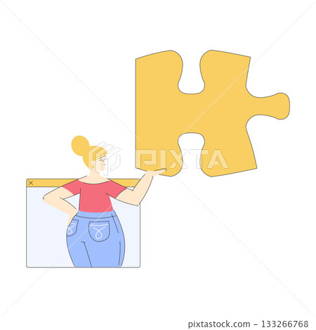 Woman Hold Big Jigsaw Puzzle Connecting Element Together Vector Illustration 133266768