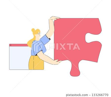 Woman Hold Big Jigsaw Puzzle Connecting Element Together Vector Illustration 133266770