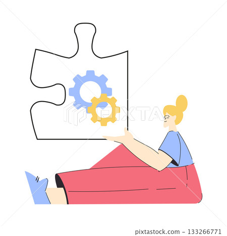 Woman Hold Big Jigsaw Puzzle Connecting Element Together Vector Illustration 133266771
