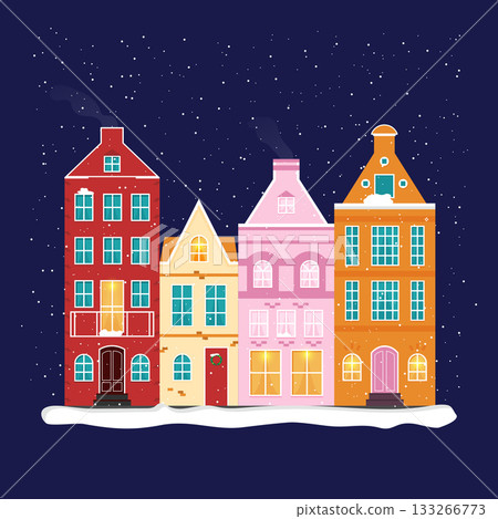 Winter town. Colorful european houses. Christmas winter old town street. Vector illustration Winter town. Colorful european houses. Christmas winter old town street. Vector illustration 133266773