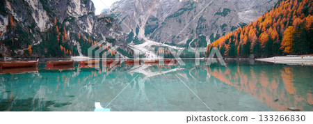 Anamorphic Lens - Fantastic Lake Braies in autumn 133266830