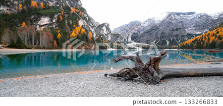 Anamorphic Lens - Fantastic autumn landscape on Lake Braies Anamorphic Lens - Fantastic autumn landscape on Lake Braies 133266833