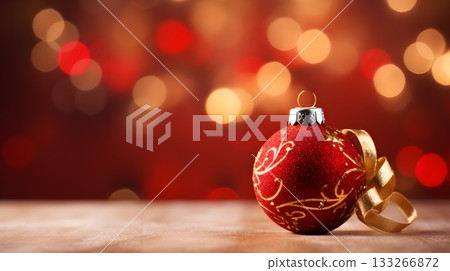 Christmas and New Year holidays concept. Red balls on Christmas background. Winter snowy backdrop. Template for design, banner. 133266872
