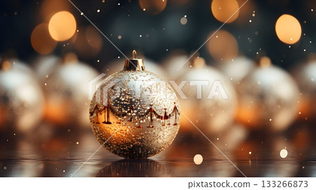 Gold balls on Christmas background. Winter snowy backdrop. Template for design, banner. 133266873