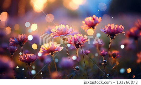 A field of flowers with a bright sun shining on them. The flowers are pink and purple and are scattered throughout the field. Scene is peaceful and serene, as the sun's rays illuminate the flowers 133266878