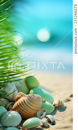 A beach scene with shells scattered on the sand. The shells are of different sizes and colors, creating a beautiful and serene atmosphere 133266879