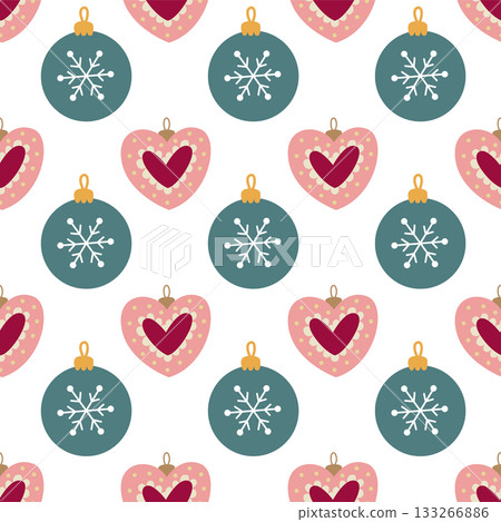 Seamless Christmas Pattern with Heart and Snowflake Ornaments 133266886