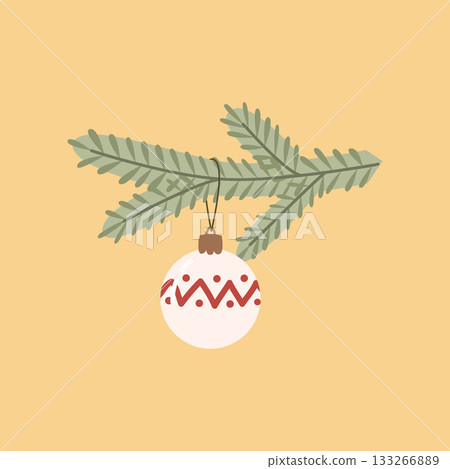 Christmas Ornament on Pine Branch Festive Holiday Decoration Illustration 133266889