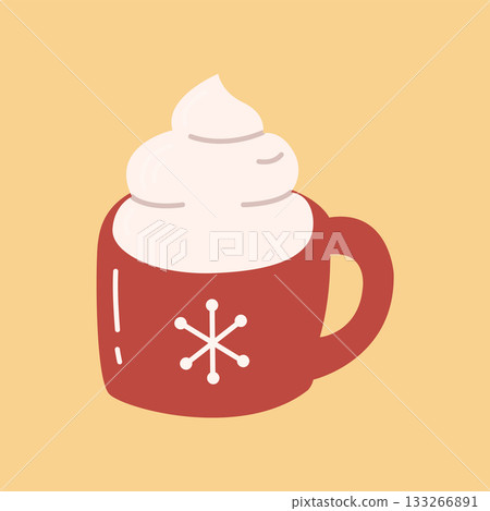 Red Christmas Mug with Whipped Cream and Snowflake Cozy Winter Holiday Illustration 133266891