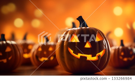 Carved halloween pumpkins on table. Halloween pumpkins. Fall home decoration. Jack O'Lanterns. Template for design, banner. Carved halloween pumpkins on table. Halloween pumpkins. Fall home decoration. Jack O'Lanterns. Template for design, banner. 133266984