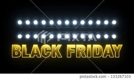 Golden black friday text illuminated by bright stadium lights against a dark background with reflections Golden black friday text illuminated by bright stadium lights against a dark background with reflections 133267103