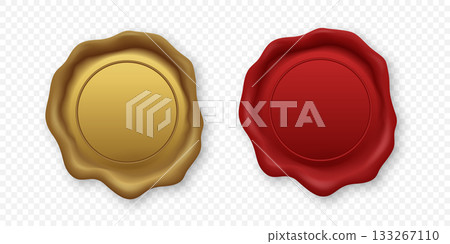Vector 3d Realistic Wax Seal Icon Set. Red Wax Seal and Gold Wax Seal. Realistic Vintage Stamp for Certificate, Envelope, Letter, Branding, Logo, Document Closure, Invitation, Wedding, Isolated Vector 3d Realistic Wax Seal Icon Set. Red Wax Seal and Gold Wax Seal. Realistic Vintage Stamp for Certificate, Envelope, Letter, Branding, Logo, Document Closure, Invitation, Wedding, Isolated 133267110