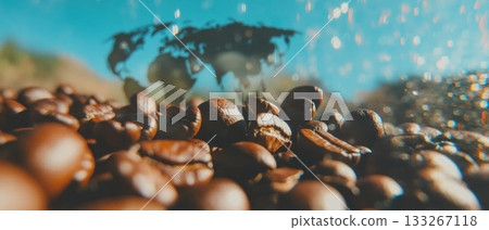 Double exposure of coffee beans and a world map showcasing connections across cultures. Double exposure of coffee beans and a world map showcasing connections across cultures. 133267118