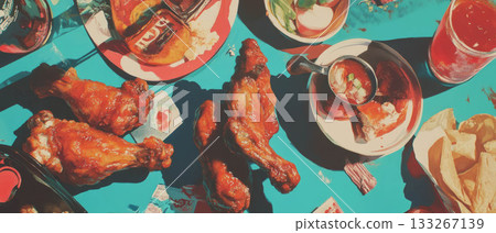 Spicy chicken wings with flavorful sauce are served alongside sides for a memorable game day feast. Spicy chicken wings with flavorful sauce are served alongside sides for a memorable game day feast. 133267139