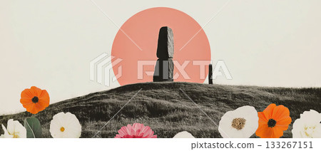 Minimalist collage showcasing a stone circle on a hilltop surrounded by abstract floral elements. 133267151