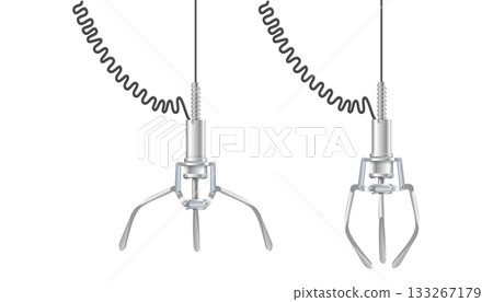 Gripper arm. Slot machine elevator machine for getting toys and prizes. Mechanical gripper tentacles. Vector 133267179
