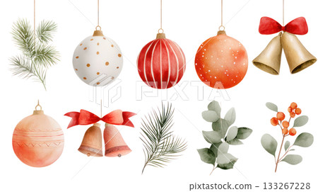 Colorful Christmas ornaments including baubles, bells, and greenery, creating a festive atmosphere for holiday celebrations and seasonal decor. Isolated on transparent background. Colorful Christmas ornaments including baubles, bells, and greenery, creating a festive atmosphere for holiday celebrations and seasonal decor. Isolated on transparent background. 133267228