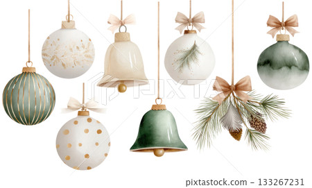 Colorful Christmas ornaments and decorative elements hanging on strings, showcasing festive designs and textures for holiday celebrations and decor. Isolated on transparent background. 133267231