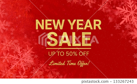 Golden new year sale announcement with snowflakes and up to 50 percent off offer Golden new year sale announcement with snowflakes and up to 50 percent off offer 133267243