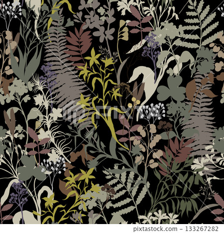 Seamless Botanical Silhouette Vector Pattern of Wild Herb Leaves Floral Background for Modern Decor 133267282