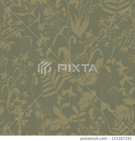 Seamless Botanical Silhouette Vector Pattern of Wild Herb Leaves Floral Background for Modern Decor 133267291