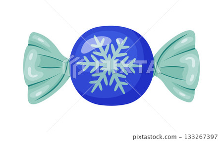 Candy wrapped in mint green cellophane with white snowflake. Colorful flat style Candy wrapped in mint green cellophane with white snowflake. Colorful flat style 133267397