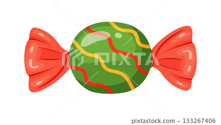candy wrapped in red cellophane, with wavy red and yellow stripes. Colorful flat style. candy wrapped in red cellophane, with wavy red and yellow stripes. Colorful flat style. 133267406