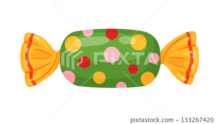 candy wrapped in yellow cellophane with multi colored polka dots. flat style candy wrapped in yellow cellophane with multi colored polka dots. flat style 133267420