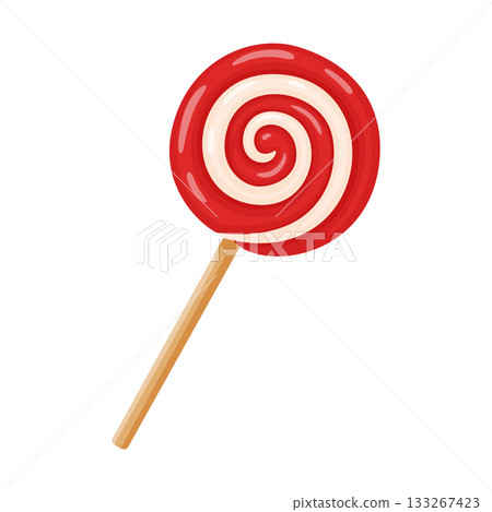 Round, flat lollipop with red and white spiral stripe on wooden stick. Colorful flat style 133267423