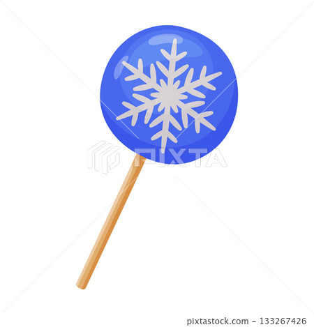 Round flat blue lollipop with white snowflake on stick. Colorful flat style Round flat blue lollipop with white snowflake on stick. Colorful flat style 133267426